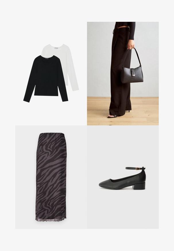Două bluze cu mânecă lungă, una neagră și una albă, ambele având un guler pătrat și fiind confecționate dintr-un material moale și elastic.; Fustă maxi dintr-un material ușor, cu un model de zebra în nuanțe de negru și gri, talie elastică și margine ondulată.; Pantof cu toc negru din piele, cu vârf ascuțit și toc mic pătrat. Dispune de o curea la gleznă cu o cataramă în tonuri de aur. Textură netedă.; Genți negre cu o formă structurată, textură netedă și un închizător metalic. Asortată cu pantaloni negri largi și sandale cu vârf deschis pe un podea din lemn.