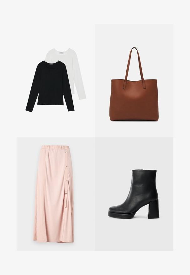Dos camisetas de manga larga, una negra y otra blanca, ambas con escote cuadrado y confeccionadas en un tejido suave y elástico.; Falda maxi rosa con cinturilla elástica, que cuenta con una abertura lateral abotonada y una tela suave y lisa. Diseño ligero y fluido.; Botín de cuero negro con tacón cuadrado y suela de plataforma, visto de lado sobre un fondo blanco liso.; Bolso tote de cuero marrón con una textura suave, diseño de apertura superior y dos correas para el hombro. Presenta una costura mínima y sin herrajes visibles.