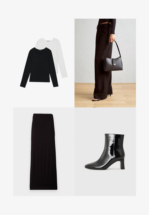 To lange ermer t-skjorter, en svart og en hvit, begge med firkantet utringning og laget av mykt, elastisk stoff.; Gina Tricot SOFT TOUCH MAXI SKIRT - Maxiskjørt - black; Sorte patentlær ankle boot med spiss tå og en mellomhøy blokkhelt. Glatt tekstur og minimalistisk design.; Svart håndveske med strukturert form, jevn tekstur og metallisk lås. Kombinert med brede svarte bukser og sandaler med åpen tå på tregulv.