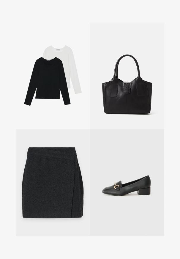 Zwei Langarmoberteile, eines schwarz und eines weiß, beide mit einem quadratischen Ausschnitt und aus weichem, dehnbarem Stoff.; Schwarzer Rock im Fischgrätenmuster mit Wickeldesign, ausgestattet mit einem sauberen Finish und strukturiertem Stoff. Mittellang bis zur Oberkante des Oberschenkels.; Schwarze Lederloafers mit flachem Absatz, die auf der Vorderseite ein dekoratives goldfarbenes Hardware-Detail und eine glatte Textur aufweisen.; Schwarze Leder-Tote mit glatter Textur, strukturiertem Design, zwei Griffen und einem auffälligen silbernen Schnallen-Detail auf der Vorderseite.