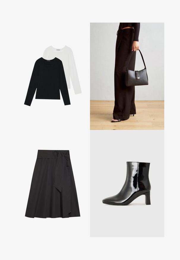 Deux tops à manches longues, un noir et un blanc, tous deux avec un décolleté carré et fabriqués en tissu doux et extensible.; Jupe noire enveloppante avec une large ceinture et un détail en noeud. Fabriquée en tissu lisse, elle présente une silhouette évasée et une longueur au genou.; Bottines en cuir verni noir avec un bout pointu et un talon block de hauteur moyenne. Texture lisse et design minimaliste.; Sac à main noir à la forme structurée, texture lisse et fermoir métallique. Associé à un pantalon noir ample et des sandales ouvertes sur un sol en bois.