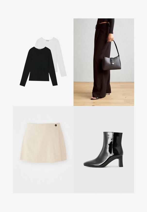 Two long-sleeve tops, one black and one white, both featuring a square neckline and made from soft, stretchy fabric.; Light beige mini skirt made of soft fabric, featuring a wrap design, finished hem, and a single dark button accent on the side.; Black patent leather ankle boot with a pointed toe and a mid-height block heel. Smooth texture and minimalist design.; Black handbag with structured shape, smooth texture, and a metallic clasp. Paired with wide black pants and open-toe sandals on wooden floor.