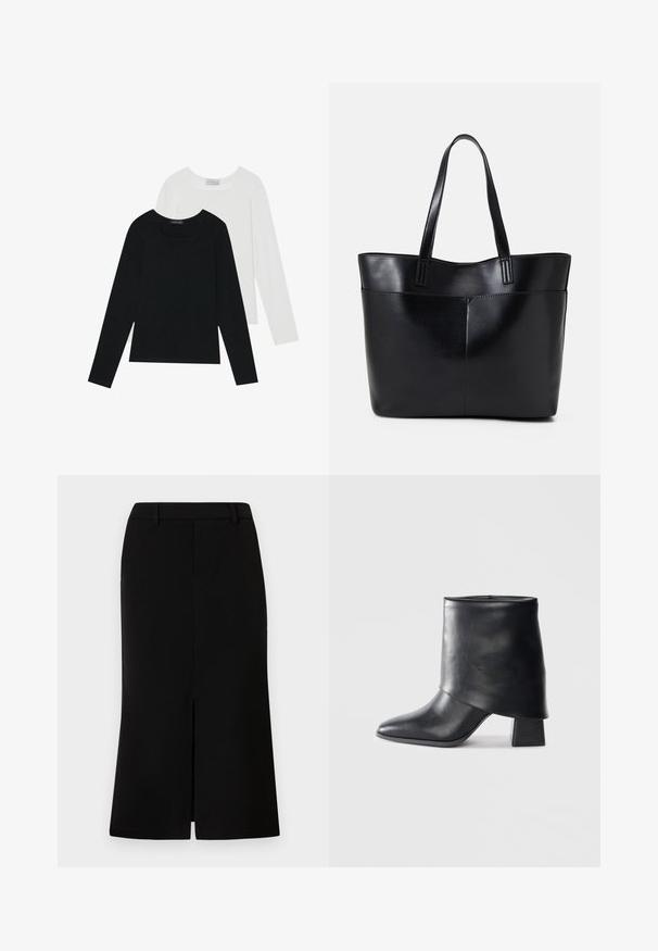 Kaksi pitkähihainen paitaa, yksi musta ja yksi valkoinen, molemmat neliönmallisella kaula-aukolla ja pehmeästä, joustavasta kankaasta valmistettu.; Mustan polvimittaisen hameen suora siluetti, jossa on etuläpi, tasainen texture ja räätälöity vyötärönauha.; Mustat nahka nilkkurit, joissa on terävä kärki, sileä pinta ja jämäkkä lohkosaapas. Ominaisuuksia korkea, taitettu varren muotoilu.; Musta nahkainen kassi, jossa on kaksi pitkää kahvaa, sileä pinta ja jämäkkä muoto. Sisältää etutaskun lisävarastointia varten.