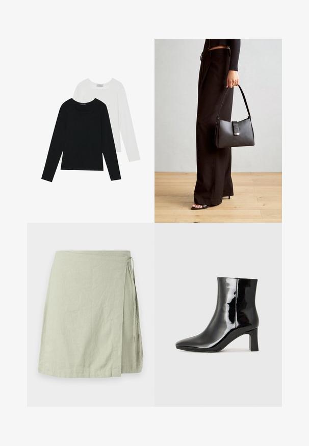 Divi ilgiem piedurknēm tops, viens melns un otrs balts, abiem ir kvadrāta izgriezums un tie ir izgatavoti no mīksta, elastīga auduma.; Sastīts viegla, teksturēta auduma izmantojams svārki maigi zaļā krāsā, ar sānu auklu un taisnu apakšmalu.; Melnas patentētas ādas potīšu zābaki ar norādītu pirkstu un vidēja augstuma kvadrātveida papēdi. Gluda tekstūra un minimālisma dizains.; Melnā somiņa ar strukturētu formu, gludu tekstūru un metālu sprādzi. Saskaņota ar platām melnām biksēm un sandālēm ar atvērtu purngalu uz koka grīdas.