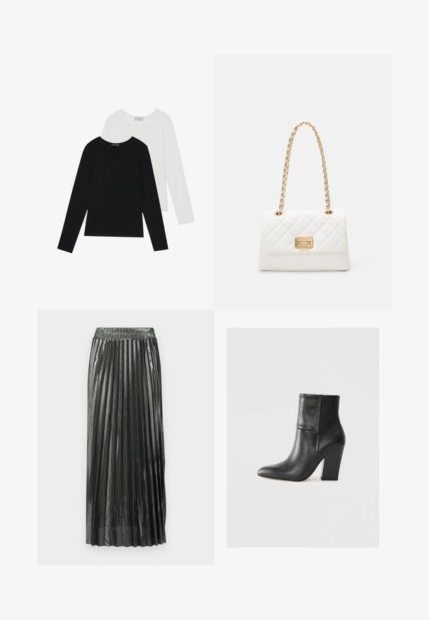 Două bluze cu mânecă lungă, una neagră și una albă, ambele având un guler pătrat și fiind confecționate dintr-un material moale și elastic.; Fustă plisată metalică de culoare verde închis, cu talie elastică, având pliuri verticale și o textură netedă, ajungând până la jumătatea gambei.; Botine negre din piele cu vârful ascuțit, textură netedă, toc lat și pătrat, și un detaliu de design pliat în partea de sus.; Geantă albă matlasată cu un strap din lanț auriu și un închizător rectangular. Prezintă o textură netedă și un model de cusătură geometric.