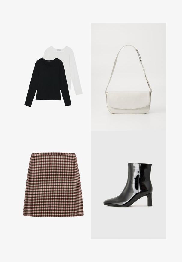 Kaks pikka varrukatoppi, üks must ja teine valge, mõlemad ruudukujulise kaelusega ja valmistatud pehmest, venivast kangast.; Punane ja kreemjas ruuduline mini-seelik, millel on sirge siluett ja tekstuuriga kangas. Ilma nähtavate kinnituste või kaunistusteta.; Must-sinine nahkjalats musta läikiva viimistlusega, millel on terav nina ja keskmise kõrgusega plokk konts. Sile tekstuur ja minimalistik disain.; Valge nahast õlavarre kott, millel on sile viimistlus, ristkülikukujuline kuju, klapiga sulgemine ja reguleeritav rihm. Lihtne tikand