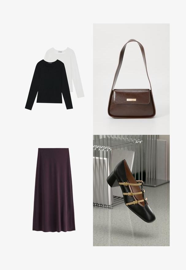 Divi ilgiem piedurknēm tops, viens melns un otrs balts, abiem ir kvadrāta izgriezums un tie ir izgatavoti no mīksta, elastīga auduma.; Violeta svārki, kas izgatavoti no gludas auduma, ar A-formas siluetu un garumu līdz ceļgaliem, bez redzamām rakstām un aizdares.; Melnas ādas kurpes ar kvadrātu purngalu, zemu bloku papēdi un trim dzeltenām siksnām ar zelta sprādzēm pāri vampam. Gluda tekstūra.; Brūns ādas plecu soma ar strukturētu formu, kurai ir magnētisks atloks un metāla logo akcents priekšpusē.