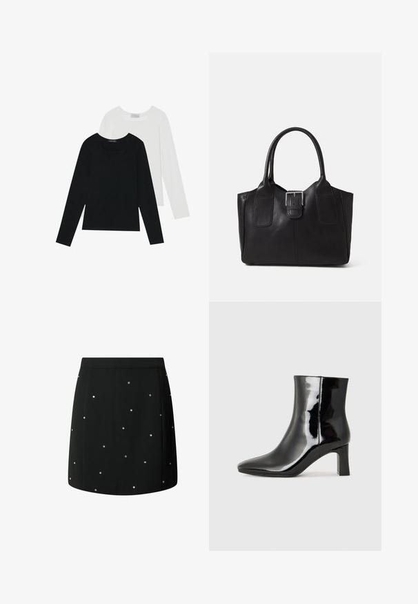 Dvě dlouhé rukávy, jedna černá a jedna bílá, obě s čtvercovým výstřihem a vyrobené z měkké a elastické látky.; Černá sukně z hladké tkaniny, s náhodně rozmístěnými stříbrnými cvočky jako akcenty. Rovný střih s čistým lemem.; Černé lakované kotníkové boty s špičatou špičkou a středně vysokým blokovým podpatkem. Hladká textura a minimalistický design.; Černá kožená tote taška s hladkým povrchem, strukturovaným tvarem, dvěma uchy a výrazným stříbrným detailem s přezkou na přední straně.