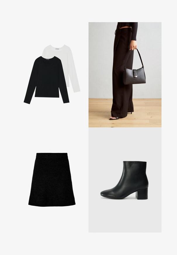 Two long-sleeve tops, one black and one white, both featuring a square neckline and made from soft, stretchy fabric.; Black knit skirt with a fitted waistband, A-line shape, and smooth texture. Simple design with no visible patterns or embellishments.; Black leather ankle boots with a pointed toe and a chunky heel. Smooth texture with minimal accents and a sleek, fitted design.; Black handbag with structured shape, smooth texture, and a metallic clasp. Paired with wide black pants and open-toe sandals on wooden floor.
