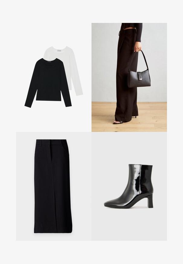 To lange ermer t-skjorter, en svart og en hvit, begge med firkantet utringning og laget av mykt, elastisk stoff.; Svart lang skjørt laget av stoff med en glatt tekstur. Har en splitt foran og to sidelommer. Klassisk design med en tettsittende midje.; Sorte patentlær ankle boot med spiss tå og en mellomhøy blokkhelt. Glatt tekstur og minimalistisk design.; Svart håndveske med strukturert form, jevn tekstur og metallisk lås. Kombinert med brede svarte bukser og sandaler med åpen tå på tregulv.