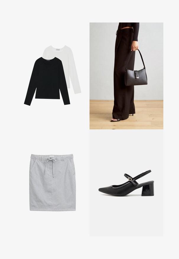 Twee shirts met lange mouwen, één zwart en één wit, beide met een vierkante halslijn en gemaakt van zacht, rekbaar materiaal.; Gestreepte rok in lichtblauw en wit katoen met een elastische tailleband, trekkoord en twee zijzakken. Glad textuur, boven de knie lengte.; Zwarte gepolijste leren slingback hakken met een spitse neus, een ronde uitsnede en een blokhak. Voorzien van een gouden gespaccent.; Zwarte handtas met gestructureerde vorm, gladde textuur en een metalen sluiting. Gecombineerd met brede zwarte broeken en sandalen met open teen op een houten vloer.