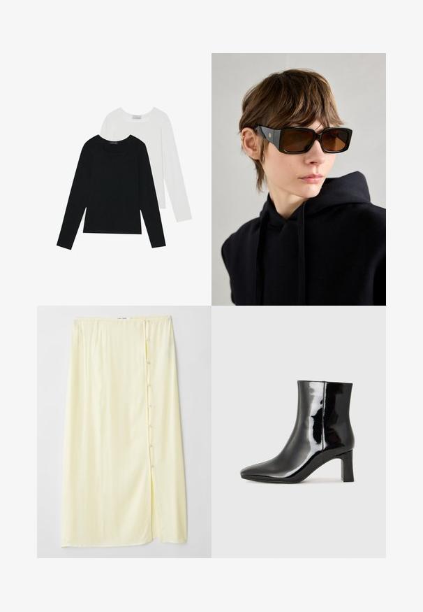 Dva dolga rokava, en črn in en bel, oba z kvadratnim izrezom in narejena iz mehkega, raztegljivega materiala.; Dolga, bleda rumena krila iz mehkega blaga s stranskim razporkom in gumbnim zapiranjem, ki se ponaša z gladko teksturo in sproščenim krojem.; Črne lakirane gležnjarje z ošiljenim nosom in srednje visokim blokastim peto. Gladka tekstura in minimalističen dizajn.; Črne velikanske sončne očala z lesketajočo površino, pravokotne oblike, rjavi zasenčeni leči in zlatim logotipom na krakih.
