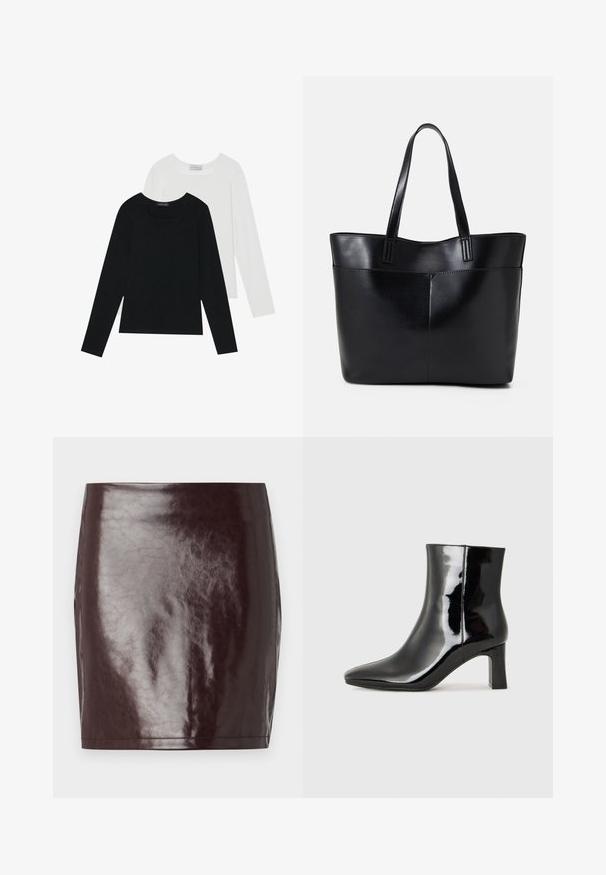 Kaks pikka varrukatoppi, üks must ja teine valge, mõlemad ruudukujulise kaelusega ja valmistatud pehmest, venivast kangast.; Burgundi faux nahkmini seelik sujuva, läikiva tekstuuri ja keha lähedase siluettiga. Omab puhtaid jooni ja sirget äärt.; Must-sinine nahkjalats musta läikiva viimistlusega, millel on terav nina ja keskmise kõrgusega plokk konts. Sile tekstuur ja minimalistik disain.; Must mustaga musta nahast, millel on kaks pikka kanda, sile tekstuur ja struktureeritud kuju. Esipoolsel on lisakoti jaoks tasku.