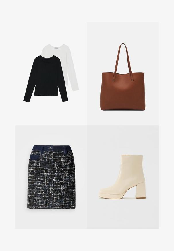 Due magliette a maniche lunghe, una nera e una bianca, entrambe con scollo quadrato e realizzate in un tessuto morbido e elasticizzato.; Gonna tessuta nera con macchie blu e bianche. Presenta una vita scura, tasche frontali e un taglio dritto. Tessuto testurizzato.; Stivaletti beige in pelle con tacco a blocco e suola platform, finitura liscia e punta leggermente quadrata, rivolti a sinistra su sfondo bianco.; Borsa tote in pelle marrone con texture liscia, design con apertura superiore e due spallacci. Presenta cuciture minime e nessun hardware visibile.