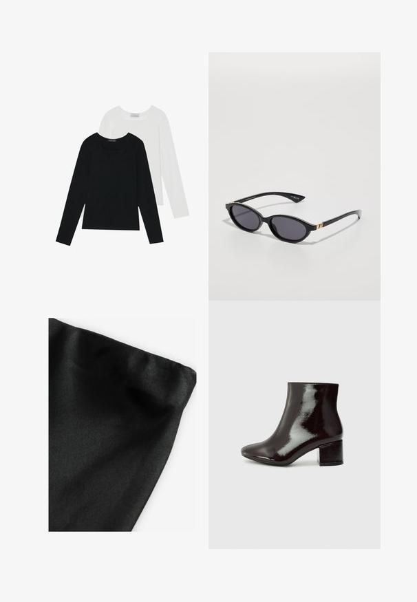 Dvoje dlhých rukávov, jedny čierne a jedny biele, s hranatým výstrihom a vyrobené z mäkkého, elastického materiálu.; Čierna látka s hladkou textúrou, s preloženým okrajom. Materiál vykazuje jemný lesk a jednotnú plochu bez vzorov alebo akcentov.; Čierne lakované kožené členkové topánky s špicatou špičkou a hrubým podpätkom. Hladká textúra s jemným leskom a čisté línie, minimalistický dizajn.; Čierne slnečné okuliare s oválnymi šošovkami, tmavým prechodovým zafarbením a štíhlymi ramenami s jemnými zlatými akcentmi. Hladký plastový povrch.