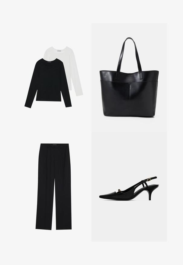 To lange ermer t-skjorter, en svart og en hvit, begge med firkantet utringning og laget av mykt, elastisk stoff.; Sorte bukser med rette ben, som har to frontlommer og en talje. Laget av et glatt, lett stoff.; Sorte spissede slingback pumps med lav buet hæl og lille guldspænde på frontremmen og ankelremmen.; Svart lær toteveske med to lange håndtak, en glatt tekstur og en strukturert form. Har en frontlomme for ekstra oppbevaring.