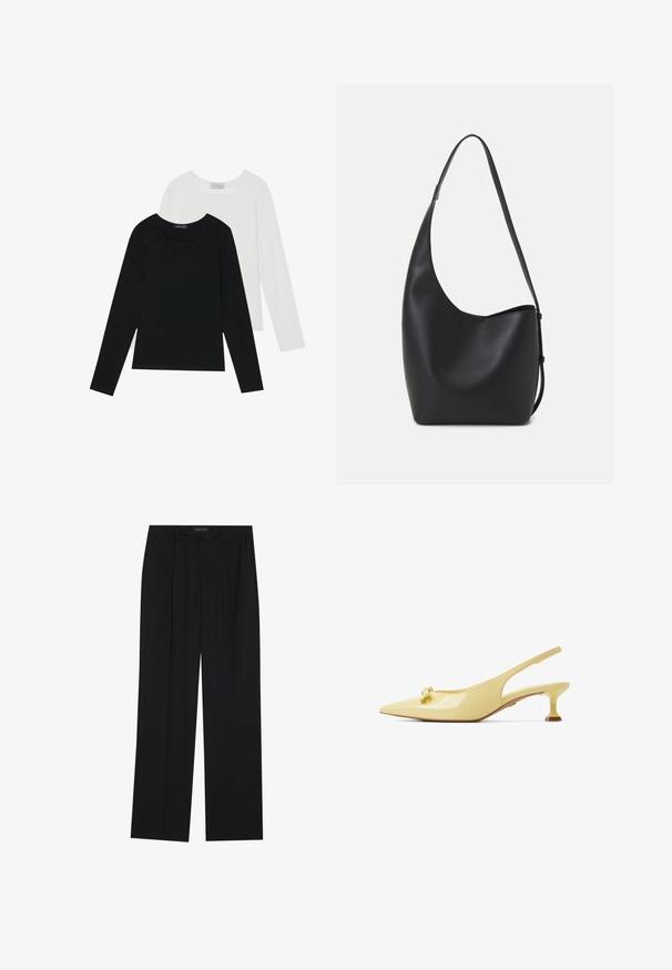 Two long-sleeve tops, one black and one white, both featuring a square neckline and made from soft, stretchy fabric.; Black trousers with a straight-leg design, featuring two front pockets and a waistband. Made from a smooth, lightweight fabric.; Yellow patent leather slingback heels with a pointed toe, small bow accent, and a unique block heel design. Smooth texture and sleek shape.; Black leather hobo bag with a smooth texture, curved shape, and single adjustable strap; features a wide opening at the top.