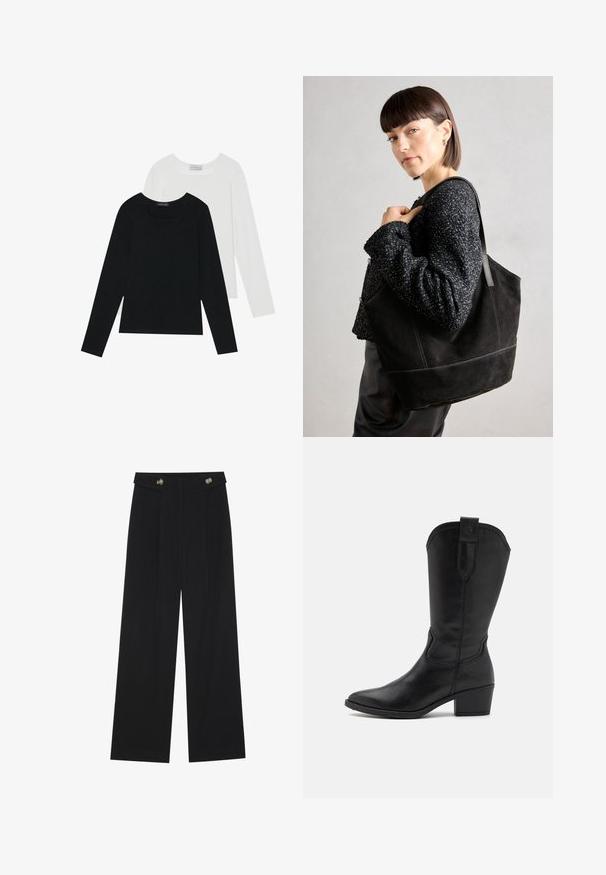 Divi ilgiem piedurknēm tops, viens melns un otrs balts, abiem ir kvadrāta izgriezums un tie ir izgatavoti no mīksta, elastīga auduma.; Melnas platās bikses ar augstu jostasvietu, pogu detaļām uz jostas un priekšējām krokām.; Melna ādas kovboju zābaks ar izteiktu purngalu, potītes augstuma un sakrauta papēža. Iekļauj dekoratīvas stitching un vilkšanas cilpu.; Melnas zamšādas somiņa ar gludu tekstūru, strukturētu formu un kontrastējošu šuvumu. Aprīkota ar garām siksnām pleca nēsāšanai.