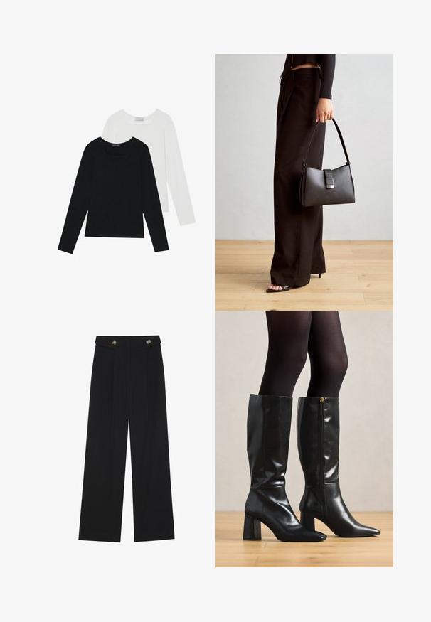 Dva dolga rokava, en črn in en bel, oba z kvadratnim izrezom in narejena iz mehkega, raztegljivega materiala.; Črne široke hlače s visokim pasom, gumbnimi detajli na pasu in sprednjimi gubami.; Črne usnjene škornje do kolen z sijočo površino, špičastim nosom in debelejšim peto. Detajl z božnim zadrgo za enostavno obuvanje.; Črna torbica z strukturirano obliko, gladko teksturo in kovinskim zaponko. Ujemajo se z širokimi črnimi hlačami in odprtimi sandali na lesenem tleh.