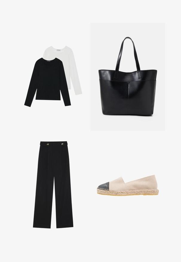 To lange skjorter med lange ærmer, en sort og en hvid, begge med firkantet halsudskæring og lavet af blødt, strækbart stof.; Sorte vide bukser med høj talje, knapdetaljer på taljebåndet og frontfald.; Beige ruskind espadrille med en sort læder cap toe, flettet jute sål og et enkelt slip-on design. Glat tekstur og let vægt.; Sort læder tote taske med to lange håndtag, en glat tekstur og en struktureret form. Har en forlommem for ekstra opbevaring.