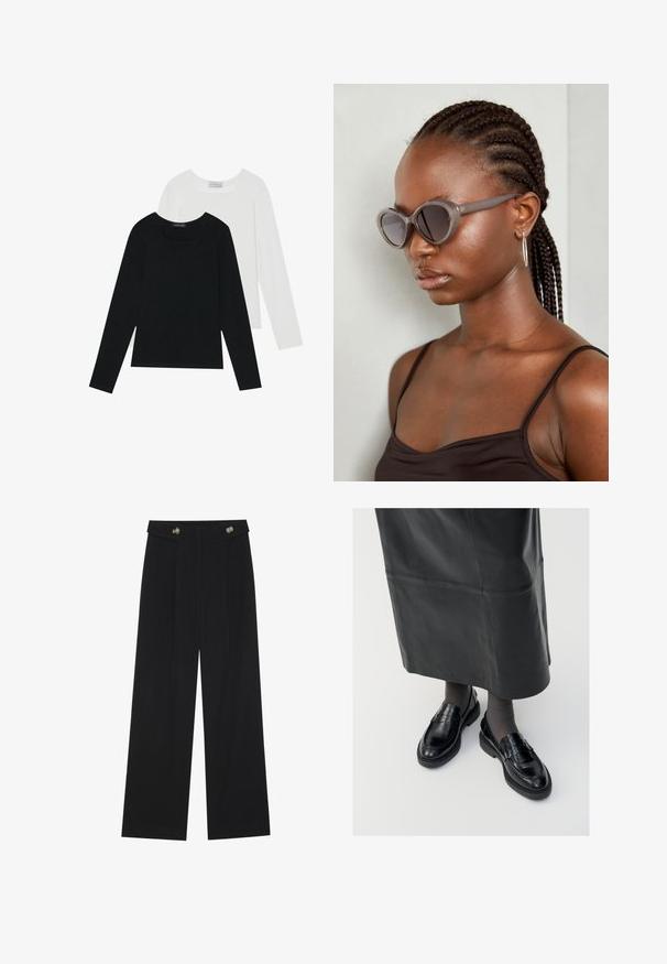 Két hosszú ujjú felső, az egyik fekete, a másik fehér, mindkettő négyzet alakú nyakkivágással rendelkezik, és puha, rugalmas anyagból készült.; Fekete, bő szárú nadrág magas derékkal, gombos részletekkel a derékrészen és elülső pliszékkal.; Fekete bőr loafer cipők sima felülettel, díszítő pánttal, kerek orral és texturált talppal. Hosszú fekete bőr szoknyával viselve.; Szürke, oversized napszemüveg kerek formával és sötét lencsékkel. Sima felületű, elegáns műanyag keret. A modellen fonott haj van.