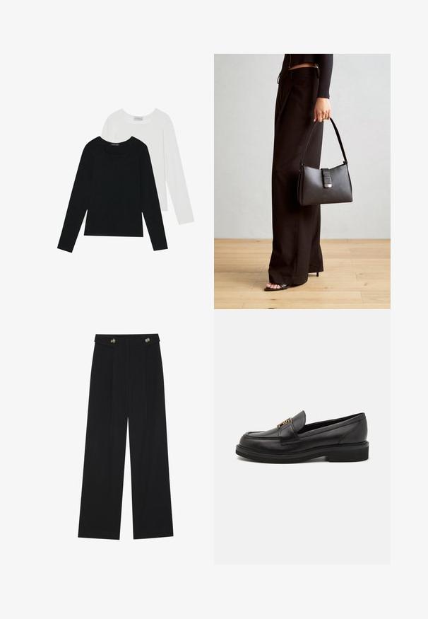 Divi ilgiem piedurknēm tops, viens melns un otrs balts, abiem ir kvadrāta izgriezums un tie ir izgatavoti no mīksta, elastīga auduma.; Melnas platās bikses ar augstu jostasvietu, pogu detaļām uz jostas un priekšējām krokām.; Melnas ādas mokasīni ar noapaļotu purngalu, izšuvumu detaļām, zelta toņu furnitūru un zemu teksturētu gumijas zoli. Gluda, eleganta apdare.; Melnā somiņa ar strukturētu formu, gludu tekstūru un metālu sprādzi. Saskaņota ar platām melnām biksēm un sandālēm ar atvērtu purngalu uz koka grīdas.