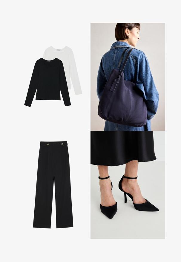 Két hosszú ujjú felső, az egyik fekete, a másik fehér, mindkettő négyzet alakú nyakkivágással rendelkezik, és puha, rugalmas anyagból készült.; Fekete, bő szárú nadrág magas derékkal, gombos részletekkel a derékrészen és elülső pliszékkal.; Fekete, hegyes orrú magassarkú cipők sima szövetből, stiletto sarokkal és keskeny bokapánttal, nyitott oldalakkal.; Tengerészkék vászon válltáska, puha, struktúrált formával, fekete pánttal, varrott részletekkel és egy kis márkajelzéssel.