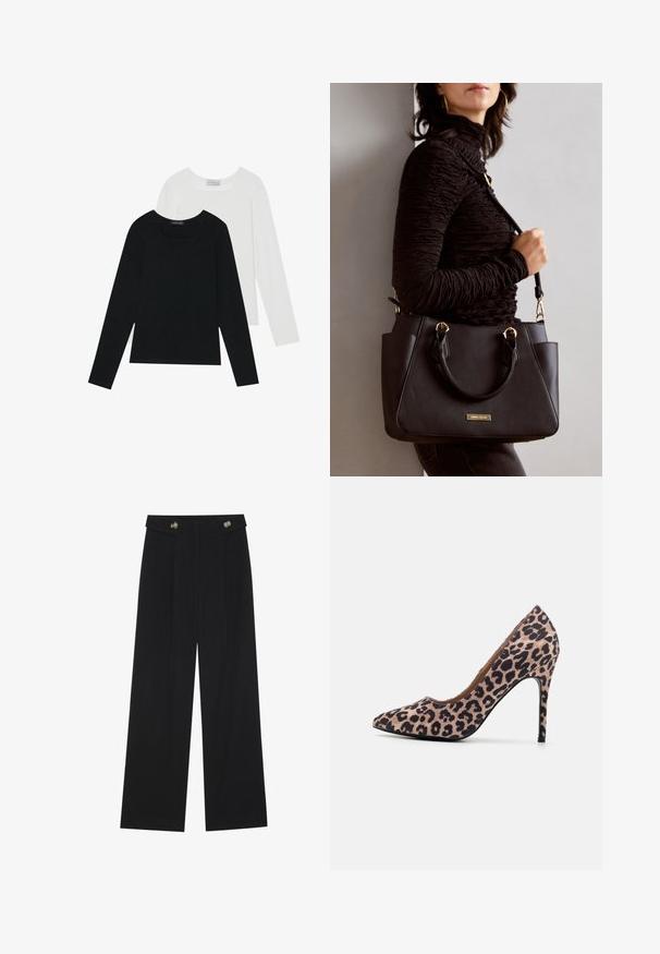 Two long-sleeve tops, one black and one white, both featuring a square neckline and made from soft, stretchy fabric.; Black wide-leg trousers with high waist, button details on waistband, and front pleats.; Leopard print high-heeled shoe with pointed toe, textured fabric, 10 cm stiletto heel, and smooth interior lining.; Black handbag with textured surface, dual top handles, and adjustable shoulder strap. Features gold-tone hardware and side pockets.