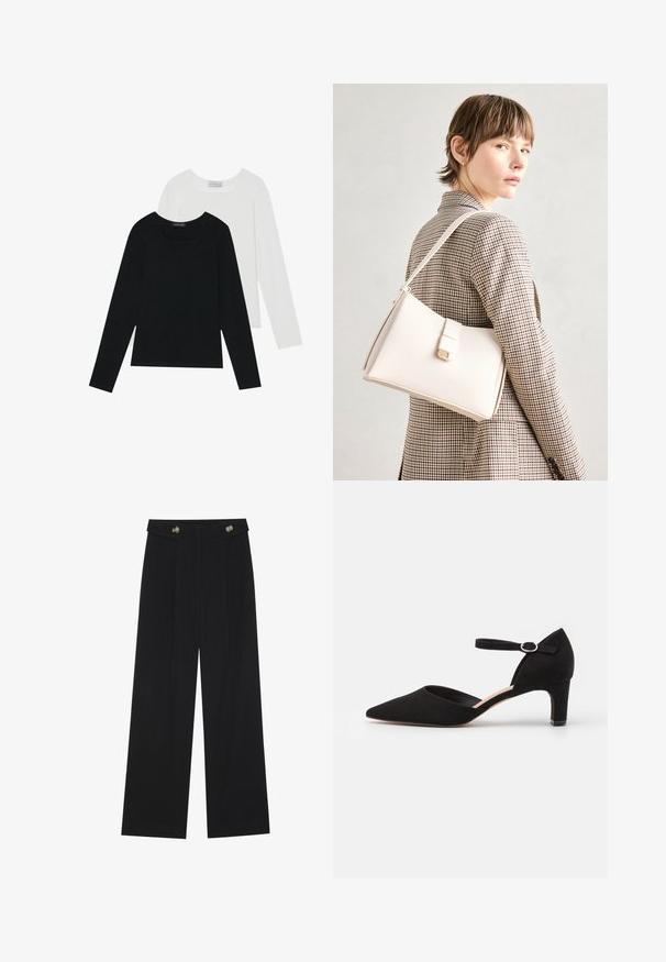 Două bluze cu mânecă lungă, una neagră și una albă, ambele având un guler pătrat și fiind confecționate dintr-un material moale și elastic.; Pantaloni negri cu picioare largi, talie înaltă, detalii cu butoane pe talie și pliseuri în față.; Pantofi cu toc din suede negru, cu vârful ascuțit, curea la gleznă cu cataramă circulară și toc mic pătrat. Textură netedă și design minimalist.; Geantă de mână din piele albă cu un design structurat, având o închidere magnetică și un breteau, expusă pe un fundal neutru.