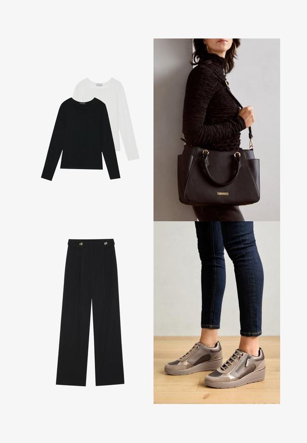 Deux tops à manches longues, un noir et un blanc, tous deux avec un décolleté carré et fabriqués en tissu doux et extensible.; Pantalons larges noirs à taille haute, avec des détails de boutons à la taille et des plis sur le devant.; Baskets en cuir et suède beige avec une semelle compensée, dotées d'une fermeture éclair sur le côté, de panneaux texturés et d'un laçage.; Sac à main noir avec surface texturée, deux poignées supérieures et bandoulière réglable. Doté de quincaillerie dorée et de poches latérales.