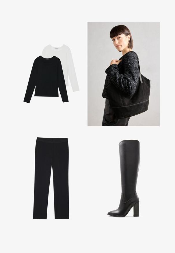 Du suknelės su ilgomis rankovėmis, viena juoda ir viena balta, abi su kvadratiniu iškirpimu ir pagamintos iš minkštos, elastingos medžiagos.; Juodos kelnės su tiesiu kirpimu, turinčios šonines kišenes ir lygią audinio tekstūrą. Minimaliai detalizuotos, švarus liemuo.; ALDO PILLOW WALK PULL ON GLAJAR - Aukštakulniai batai - black; Juodas nubuko turgus su sklandžiu paviršiumi, struktūrine forma ir kontrastingomis siūlėmis. Yra ilgos rankenos, skirtos nešti ant peties.