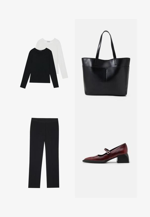 Dwie bluzki z długim rękawem, jedna czarna i jedna biała, obie z kwadratowym dekoltem i wykonane z miękkiego, elastycznego materiału.; Czarne spodnie o prostym kroju nogawki, z bocznymi kieszeniami i gładką strukturą materiału. Minimalistyczne detale, czysty pas. ; Burgundowe skórzane buty Mary Jane z wysmukłym noskiem, boczną klamrą i masywnym czarnym obcasem. Gładkie wykończenie z lekkim połyskiem.; Czarna skórzana torba na ramię z dwoma długimi uchwytami, gładką teksturą i sztywną formą. Posiada przednią kieszeń dla dodatkowego przechowywania.
