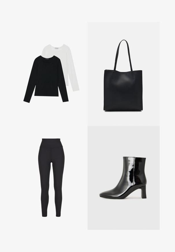 Due magliette a maniche lunghe, una nera e una bianca, entrambe con scollo quadrato e realizzate in un tessuto morbido e elasticizzato.; Leggings neri a vita alta realizzati in materiale elasticizzato, caratterizzati da una texture liscia e un design aderente senza cuciture o motivi visibili.; Stivaletto in pelle verniciata nera con punta a punta e tacco a blocco di altezza media. Texture liscia e design minimalista.; Borsa tote in pelle nera con texture liscia, forma rettangolare e due manici lunghi. Nessun hardware o decorazione visibile.