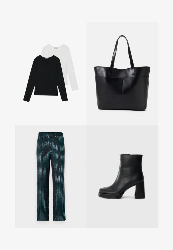 To lange skjorter med lange ærmer, en sort og en hvid, begge med firkantet halsudskæring og lavet af blødt, strækbart stof.; Sorte bukser med pailetter i turkis og sølv, løst fit og elastisk talje.; Sort læder ankelstøvle med blokhæl og platformssål, set fra siden på en ensfarvet hvid baggrund.; Sort læder tote taske med to lange håndtag, en glat tekstur og en struktureret form. Har en forlommem for ekstra opbevaring.