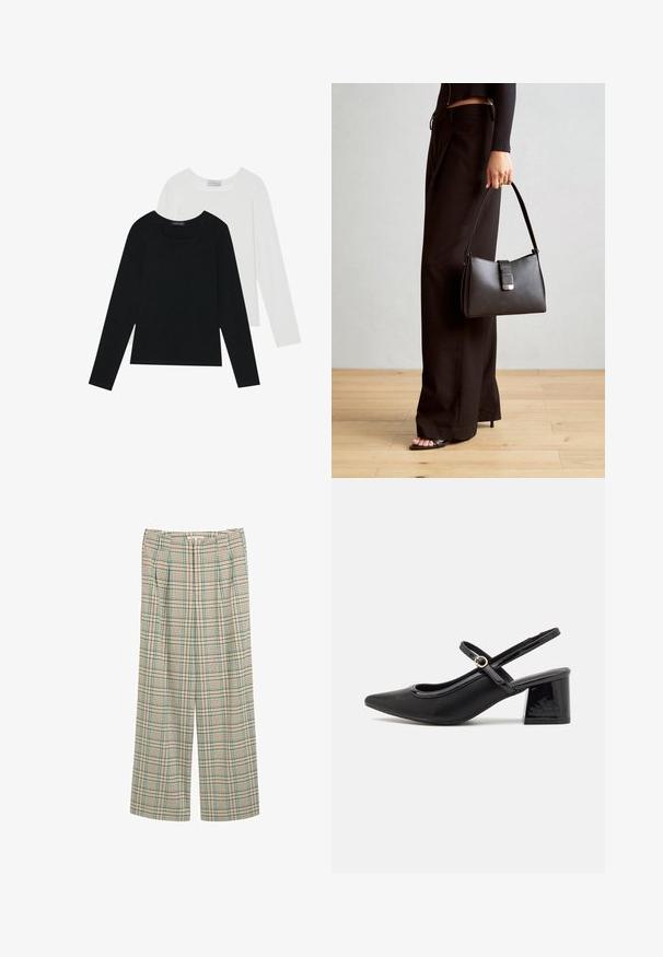 Dva dolga rokava, en črn in en bel, oba z kvadratnim izrezom in narejena iz mehkega, raztegljivega materiala.; Široke hlače v bež kariranem vzorcu z zelenimi in mornarsko modrimi akcenti, z sprednjimi pregibi in teksturiranim zaključkom.; Črne patentne usnjene salonarce s slingback obliko, s koničastim nosom, zaobljenim izrezom in blok peto. Imajo zlato kovinsko zaponko kot dodatno okrasje.; Črna torbica z strukturirano obliko, gladko teksturo in kovinskim zaponko. Ujemajo se z širokimi črnimi hlačami in odprtimi sandali na lesenem tleh.