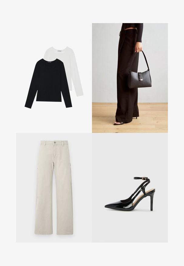 Two long-sleeve tops, one black and one white, both featuring a square neckline and made from soft, stretchy fabric.; Beige cargo pants with a straight, wide-leg design, featuring side pockets and a button closure, made from sturdy cotton material.; Black patent leather high-heeled slingback shoe with pointed toe, adjustable ankle strap, and open sides. Smooth texture.; Black handbag with structured shape, smooth texture, and a metallic clasp. Paired with wide black pants and open-toe sandals on wooden floor.