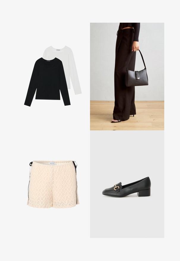 Két hosszú ujjú felső, az egyik fekete, a másik fehér, mindkettő négyzet alakú nyakkivágással rendelkezik, és puha, rugalmas anyagból készült.; Őszibarack színű csipkeboksz, elasztikus derékkal, oldalra kötésekkel és chevron mintával. Puha tapintás és laza fazon a kényelem érdekében.; Fekete bőr loaferek lapos talppal, dekoratív arany hardware részlettel az elején és sima felülettel.; Fekete kézi táska strukturált formával, sima textúrával és fémből készült záródással. Széles fekete nadrággal és nyitott orrú szandállal párosítva, fából készült padlón.