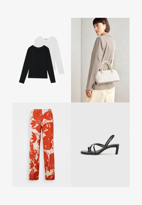 Du suknelės su ilgomis rankovėmis, viena juoda ir viena balta, abi su kvadratiniu iškirpimu ir pagamintos iš minkštos, elastingos medžiagos.; Raudonos ir kreminės spalvos gėlių rašto plačios kojų kelnės su elastingu liemeniu. Audinys turi lygų paviršių ir puikuojasi dideliais lapų ir gėlių raštais.; Juodi šlepetės su kvadratiniu pirštu ir žemu bloku kulnu. Yra keli ploni dirželiai ir reguliuojamas kulkšnies diržas. Pagaminti iš lygios odos.; Balta struktūruota rankinė su trumpomis rankenomis ir peties diržu, su auksinėmis detalėmis ir tekstūruota medžiaga, pastatyta prieš pilką foną.