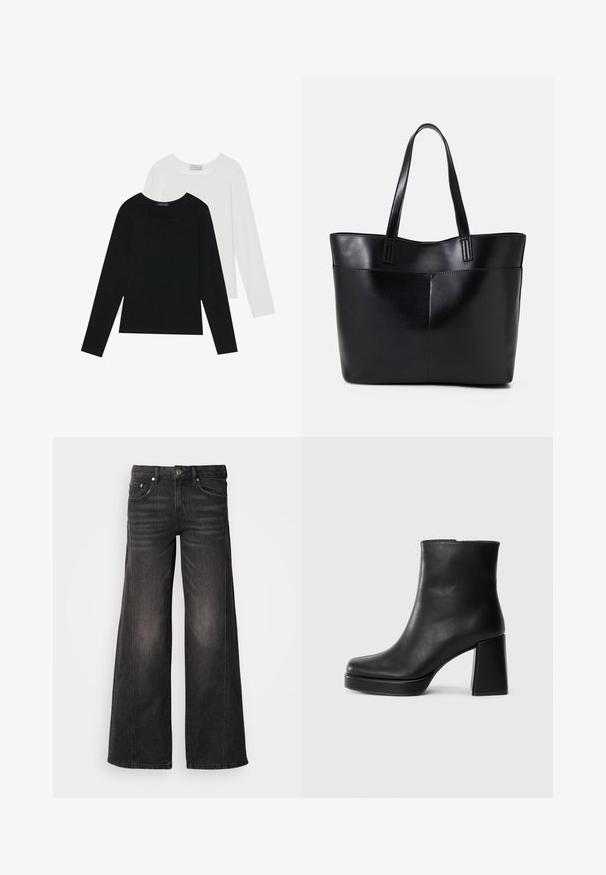 Dva dolga rokava, en črn in en bel, oba z kvadratnim izrezom in narejena iz mehkega, raztegljivega materiala.; Črne široke kavbojke iz jeansa z izbledelimi detajli, obliko s petimi žepi, gumbom in zadrgo.; Črne usnjene gležnjarje z blok peto in platformo, prikazane s strani na enobarvni beli podlagi.; Črna usnjena torba z dvema dolgima ročajema, gladko teksturo in strukturirano obliko. Ima sprednji žep za dodatno shranjevanje.