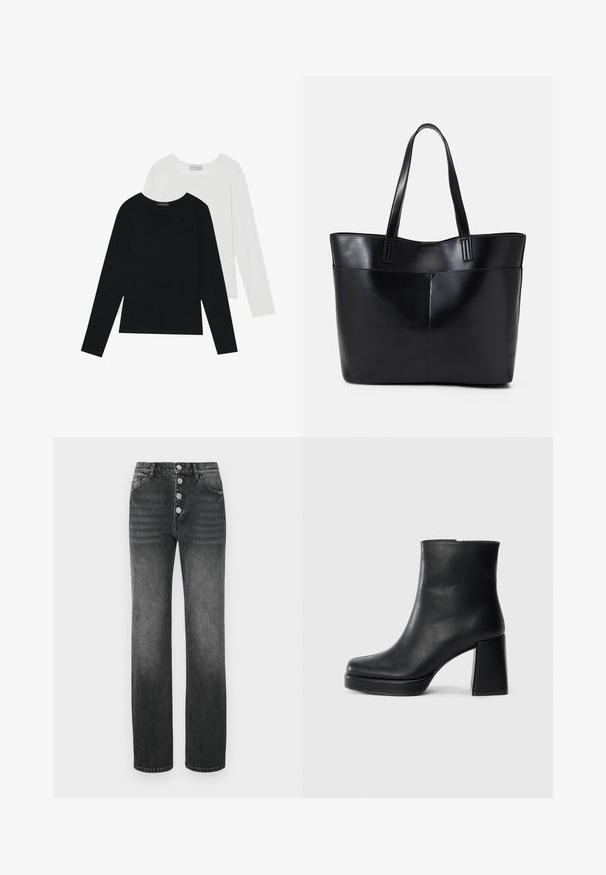 To lange ermer t-skjorter, en svart og en hvit, begge med firkantet utringning og laget av mykt, elastisk stoff.; Høy midje svarte jeans med rett ben, fem-lommers design og fem metallknapper i gylfen. Svakt falmet denim tekstur.; Sorte skinnankelsko med blokkhæl og plattformsåle, sett fra siden på en enkel hvit bakgrunn.; Svart lær toteveske med to lange håndtak, en glatt tekstur og en strukturert form. Har en frontlomme for ekstra oppbevaring.