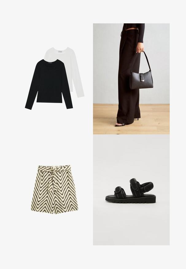 Dvě dlouhé rukávy, jedna černá a jedna bílá, obě s čtvercovým výstřihem a vyrobené z měkké a elastické látky.; Lehké šortky v béžové látce s černými zigzagovými vzory. Mají stahovací pásek v pase a volný střih.; Černé sandály s tlustými, texturovanými popruhy a nastavovacími uzávěry. Mají robustní, vroubkovanou podrážku pro přilnavost a pohodlí.; Černá kabelka se strukturovaným tvarem, hladkým povrchem a kovovým uzávěrem. Kombinována s širokými černými kalhotami a sandály s otevřenou špičkou na dřevěné podlaze.