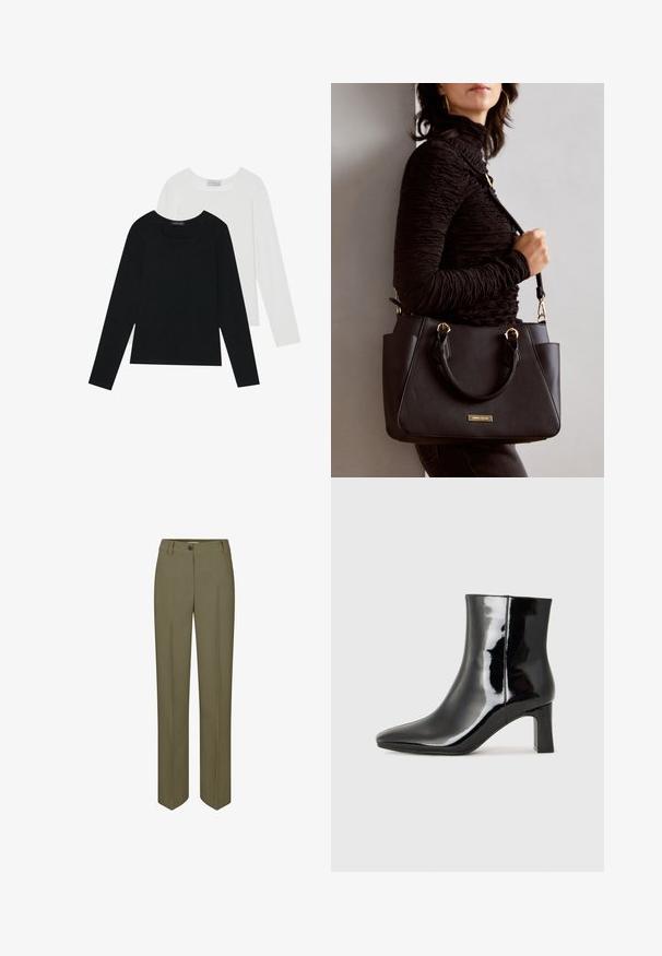 Two long-sleeve tops, one black and one white, both featuring a square neckline and made from soft, stretchy fabric.; Olive green tailored trousers with a straight leg, single button closure, and two front pleats, featuring a smooth, woven texture.; Black patent leather ankle boot with a pointed toe and a mid-height block heel. Smooth texture and minimalist design.; Black handbag with textured surface, dual top handles, and adjustable shoulder strap. Features gold-tone hardware and side pockets.