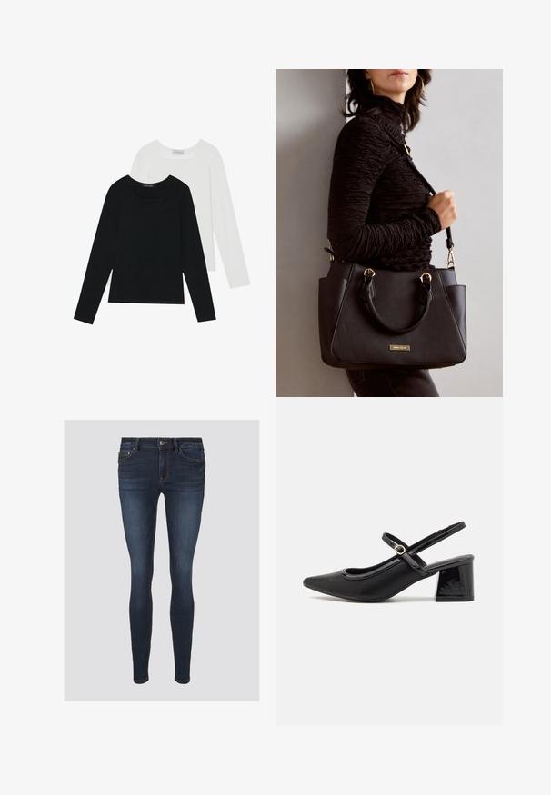 Två långärmade toppar, en svart och en vit, båda med fyrkantig halsringning och tillverkade av mjukt, stretchigt tyg.; Slim jeans i mörkblå denim, med orange sömmar, knappstängning och framfickor. Slät textur med en åtsittande form.; Svarta lackläder slingback-klackar med spetsig tå, en rundad utskärning och en blockklack. Utsmyckad med en spänne i guldton.; Svart handväska med texturerad yta, dubbla handtag upptill och justerbar axelrem. Utrustad med detaljer i guld och sidofickor.