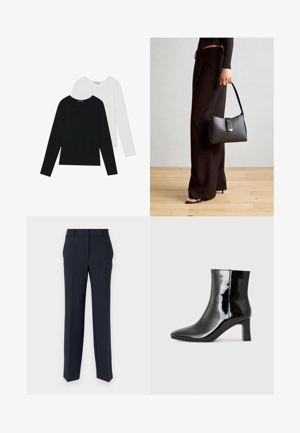 Két hosszú ujjú felső, az egyik fekete, a másik fehér, mindkettő négyzet alakú nyakkivágással rendelkezik, és puha, rugalmas anyagból készült.; Kék nyírt nadrág egyenes szabással, sima textúrával és lapos elülső résszel. Két oldalsó zsebettel és klasszikus derékpánt kialakítással rendelkezik.; Fekete lakk bőrcipő bokáig érő, hegyes orral és közepes magasságú tömbsarokkal. Simább textúrával és minimalista dizájnnal rendelkezik.; Fekete kézi táska strukturált formával, sima textúrával és fémből készült záródással. Széles fekete nadrággal és nyitott orrú szandállal párosítva, fából készült padlón.