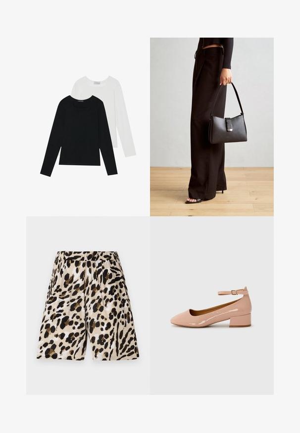 Two long-sleeve tops, one black and one white, both featuring a square neckline and made from soft, stretchy fabric.; Leopard-print shorts with an elastic waistband, made from lightweight fabric. Features beige, black, and brown colors with a textured pattern.; Patent leather pink flat shoe with a rounded toe, ankle strap, and a low block heel. Smooth texture and minimalist design.; Black handbag with structured shape, smooth texture, and a metallic clasp. Paired with wide black pants and open-toe sandals on wooden floor.