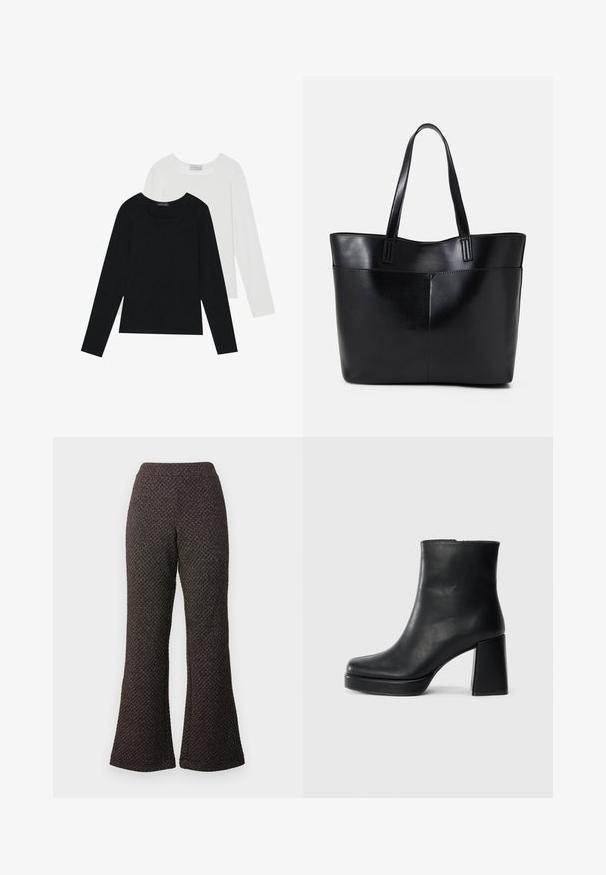 Dva dugo rukava, jedan crni i jedan bijeli, oba s kvadratnim izrezom i izrađeni od mekane, rastezljive tkanine.; Crne hlače s ravnim nogavicama izrađene od teksturirane tkanine s uzorkom, s visokim pojasom i širokim nogavicama.; Crna kožna čizma do gležnja s blok petom i platformom, prikazana s bočne strane na jednostavnoj bijeloj pozadini.; Crna kožna torba s dugim ručkama, glatkom teksturom i strukturiranim oblikom. Ima prednju džep za dodatno pohranu.
