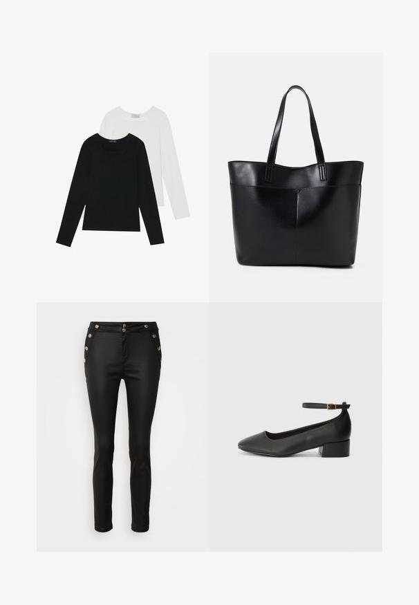 Du suknelės su ilgomis rankovėmis, viena juoda ir viena balta, abi su kvadratiniu iškirpimu ir pagamintos iš minkštos, elastingos medžiagos.; Morgan PARTY - Kelnės - noir; Juodas odinis aukštakulnis batelis su smailiu pirštu ir žemu bloku. Su kulkšnies dirželiu su auksinės spalvos sagtimi. Lygus paviršius.; Juoda odinė rankinė su dviem ilgais diržais, lygiu paviršiumi ir struktūrizuota forma. Yra priekinė kišenė papildomam saugojimui.