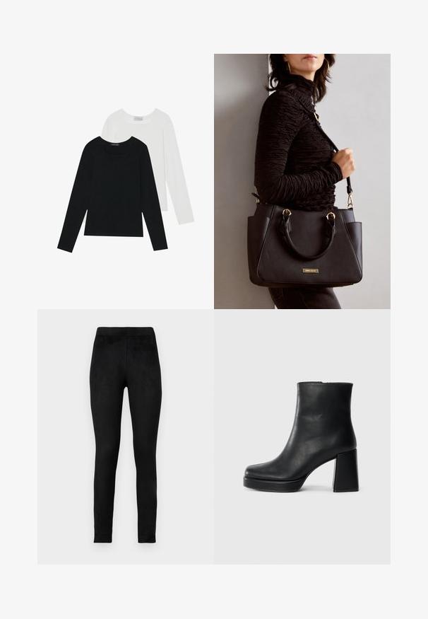 Dos camisetas de manga larga, una negra y otra blanca, ambas con escote cuadrado y confeccionadas en un tejido suave y elástico.; Leggings negros hechos de una tela suave y elástica, con una cinturilla alta y un ajuste ceñido. Textura lisa sin patrones visibles ni adornos.; Botín de cuero negro con tacón cuadrado y suela de plataforma, visto de lado sobre un fondo blanco liso.; Bolso negro con superficie texturizada, doble asa superior y correa para hombro ajustable. Presenta herrajes en tono dorado y bolsillos laterales.