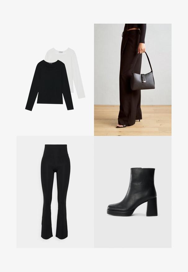 Divi ilgiem piedurknēm tops, viens melns un otrs balts, abiem ir kvadrāta izgriezums un tie ir izgatavoti no mīksta, elastīga auduma.; Melni augsto jostasvītru plati legingi, kas izgatavoti no elastīgas auduma, ar gludu tekstūru un pieguļošu piegriezumu gurnos, ar nelielu paplašinājumu apakšā.; Melna ādas potīšu zābaku ar bloku papēdi un platformas zoli, skatīts no sāna uz vienkārša balta fona.; Melnā somiņa ar strukturētu formu, gludu tekstūru un metālu sprādzi. Saskaņota ar platām melnām biksēm un sandālēm ar atvērtu purngalu uz koka grīdas.