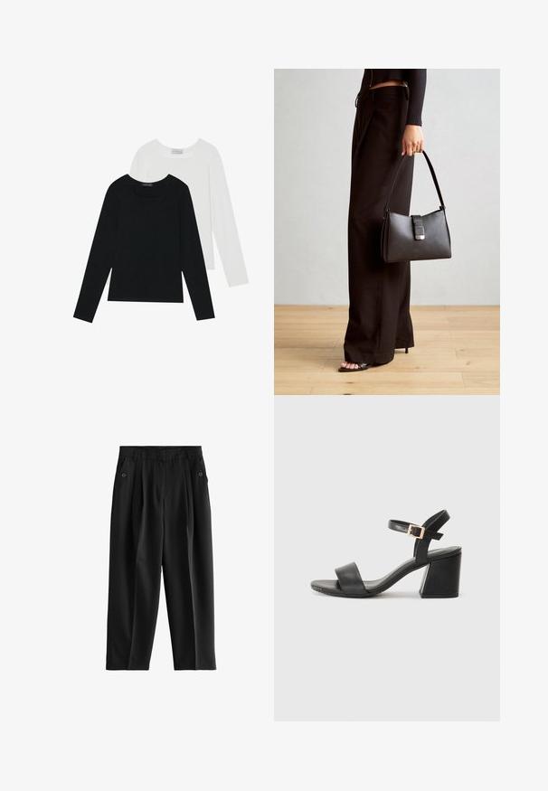 Divi ilgiem piedurknēm tops, viens melns un otrs balts, abiem ir kvadrāta izgriezums un tie ir izgatavoti no mīksta, elastīga auduma.; Melnas bikses ar plaša kāju dizainu, priekšā ar krokām un divām sānu kabatām, kas rotātas ar pogām. Gluda, viegla auduma.; Melnas ādas augstpapēžu sandales ar platu siksniņu pāri pirkstiem un sprādzi uz potītes siksniņas. Masīvs taisnstūra papēdis.; Melnā somiņa ar strukturētu formu, gludu tekstūru un metālu sprādzi. Saskaņota ar platām melnām biksēm un sandālēm ar atvērtu purngalu uz koka grīdas.